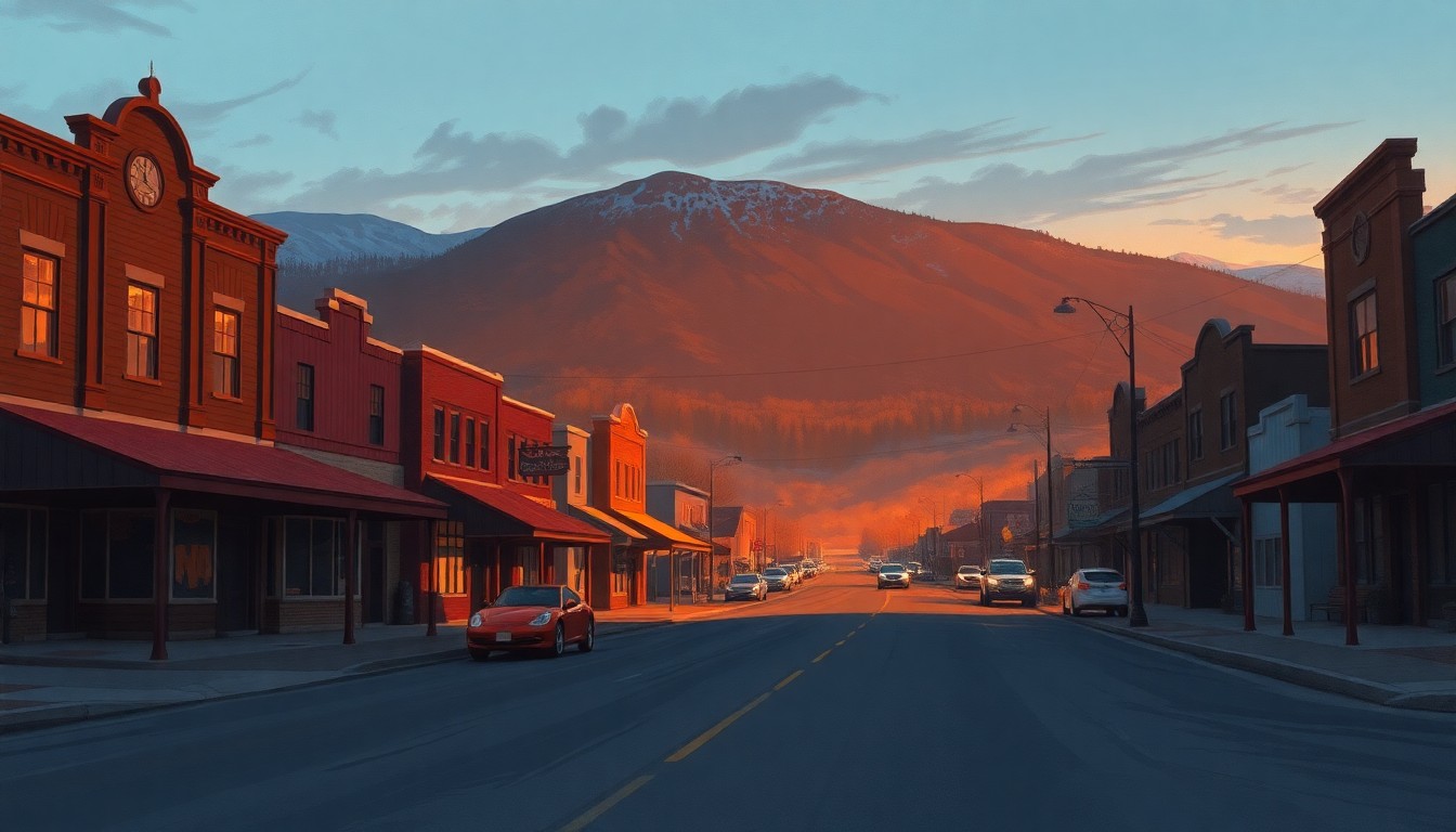 A serene oil painting depicting a quiet mountain town street at dusk, with warm sunlight casting long shadows across the pavement and buildings, conveying a sense of nostalgic community spirit.