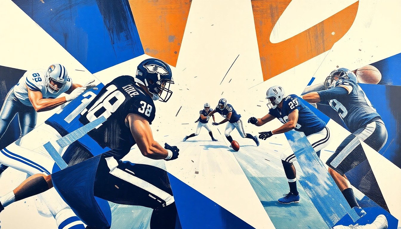 A fragmented, geometric painting depicting the chaotic movements of a football player, with sharp planes of navy blue, royal blue, and white overlapping to create a sense of energy and motion.