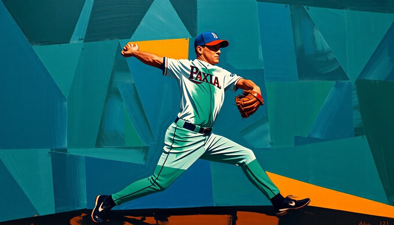 A cubist, geometric painting depicting a baseball pitcher's motion broken down into overlapping planes of navy, green, and orange, conveying the dynamic energy of the sport.