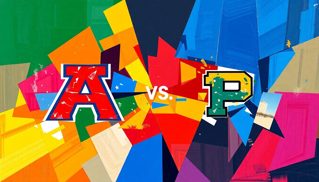 A cubist, geometric painting depicting the intense action and competition of the Arizona vs. Purdue NCAA Tournament game, with sharp, overlapping planes of vibrant colors representing the players and the court.