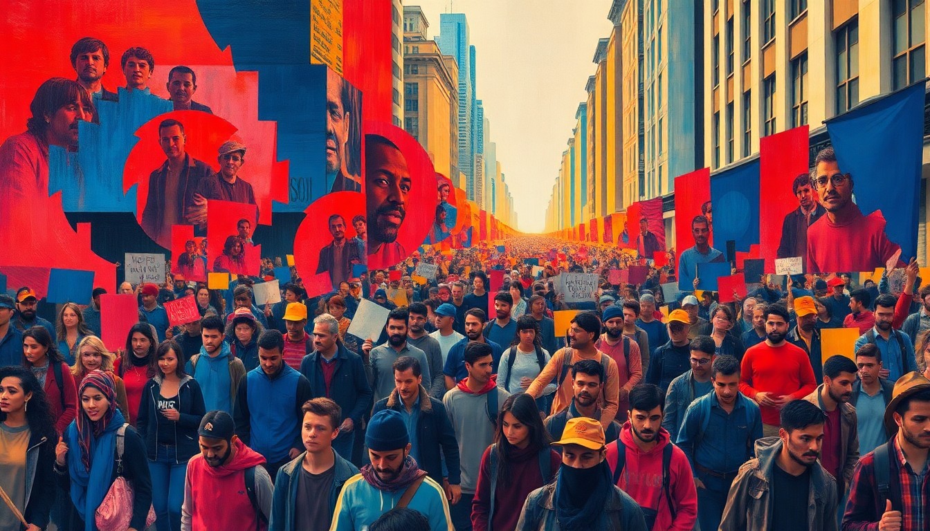 A dynamic, abstract painting of a large crowd of protesters marching through city streets, their figures repeated and overlapping in fractured, geometric waves of vibrant colors, conceptually representing the scale and energy of the widespread 'No Kings' demonstrations.