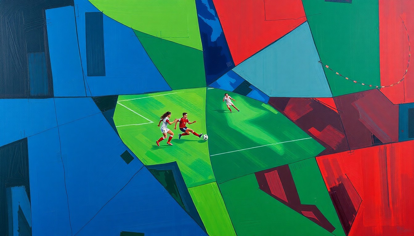 A cubist, geometric painting featuring overlapping planes of navy blue, forest green, and crimson red, conceptually representing the action and energy of a women's soccer match.