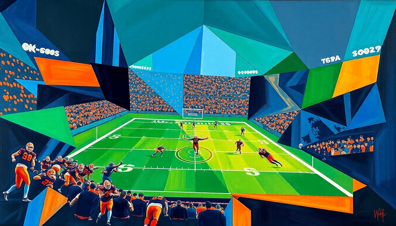 A cubist, geometric painting depicting a UFL football game in progress, with abstracted players and field represented as overlapping angular shapes in a vibrant color palette.