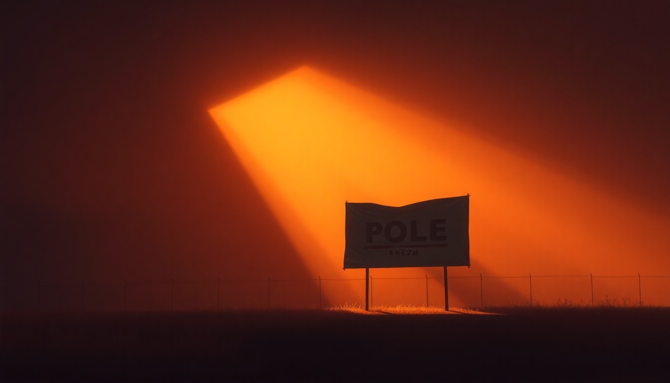 A warm, textured oil painting depicting a solitary political campaign sign or banner in a dimly lit urban setting, conceptually representing the quiet determination of a challenger seeking political office.