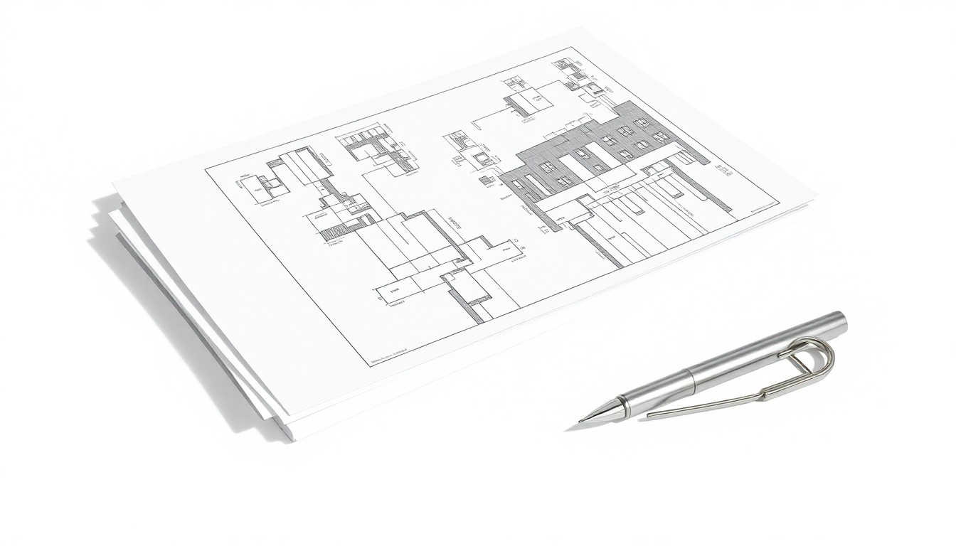 A photorealistic studio still life featuring architectural blueprints, a silver fountain pen, and a polished metal paperclip, conceptually representing the complex financial engineering behind large-scale real estate projects.