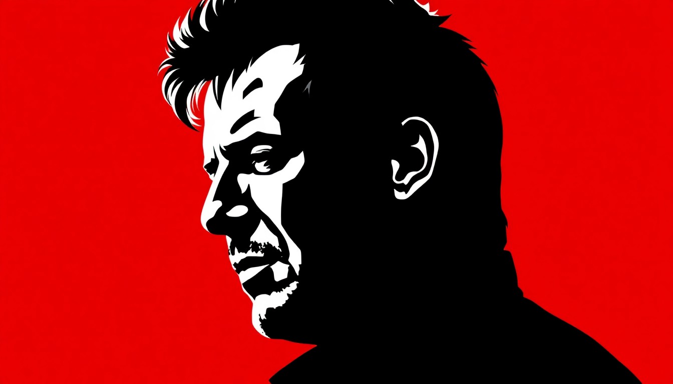 A minimalist, black and white silhouette of Bruce Springsteen's distinctive profile, with dramatic, jagged edges, set against a deep red background, conceptually representing the rocker's socially conscious music and activism.