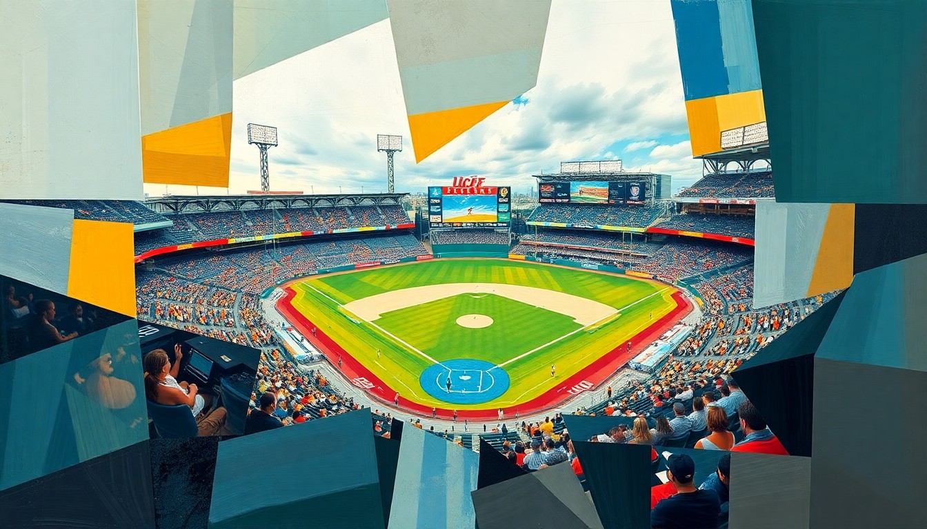 A cubist, geometric painting depicting a UCF baseball game, with players and the field broken down into sharp, overlapping planes of color and shape, conveying the dynamic energy and skill of the team's performance.