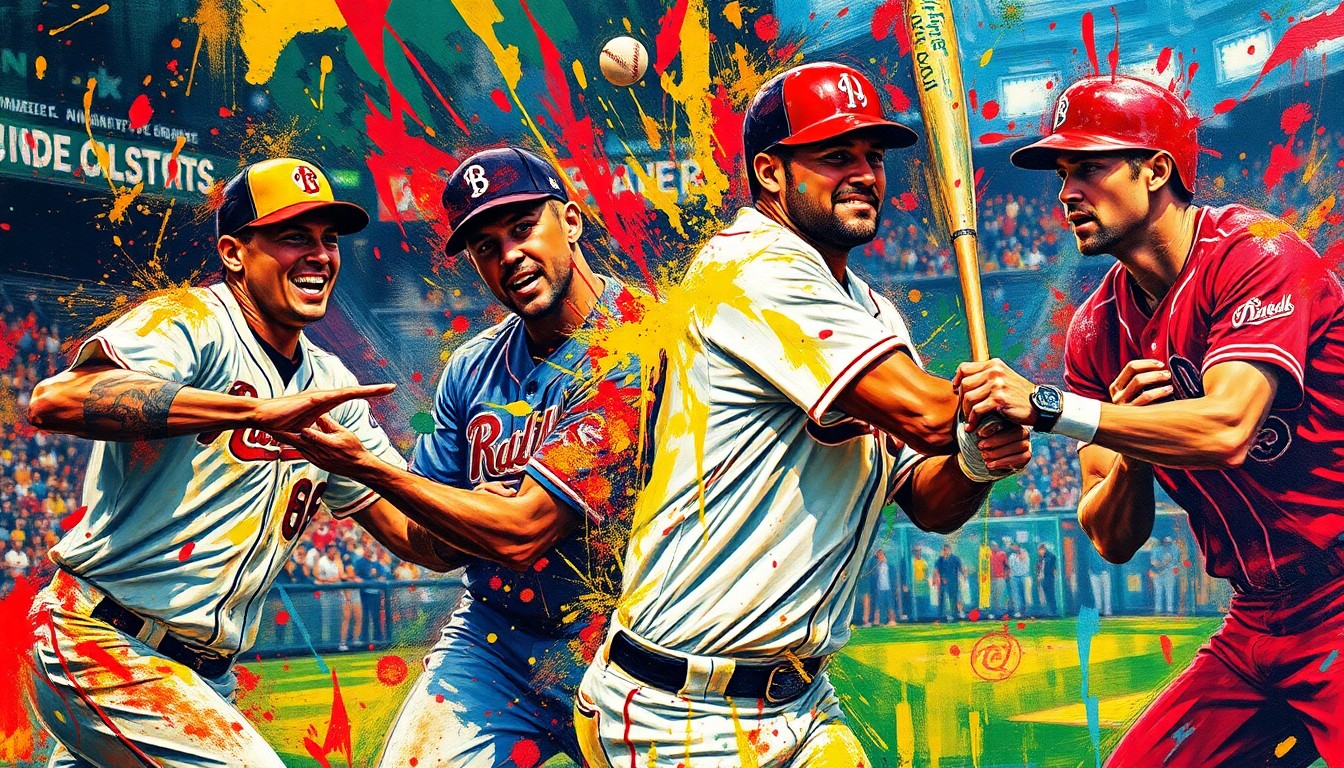 An abstract expressionist painting featuring vibrant neon brushstrokes and splatters of paint, capturing the energy and movement of a baseball game without any identifiable players or teams.