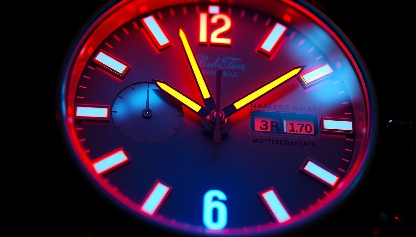 An extreme close-up photograph of a luxury watch face in vibrant, contrasting colors like neon orange and electric blue, capturing the glitz and glamour of red carpet fashion.