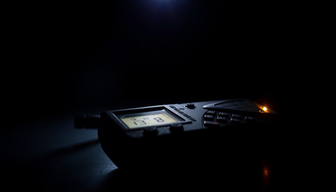 An extreme close-up photograph of a damaged police radio, the harsh flash illuminating the gritty details and conveying a sense of the dangers law enforcement can face on the job.