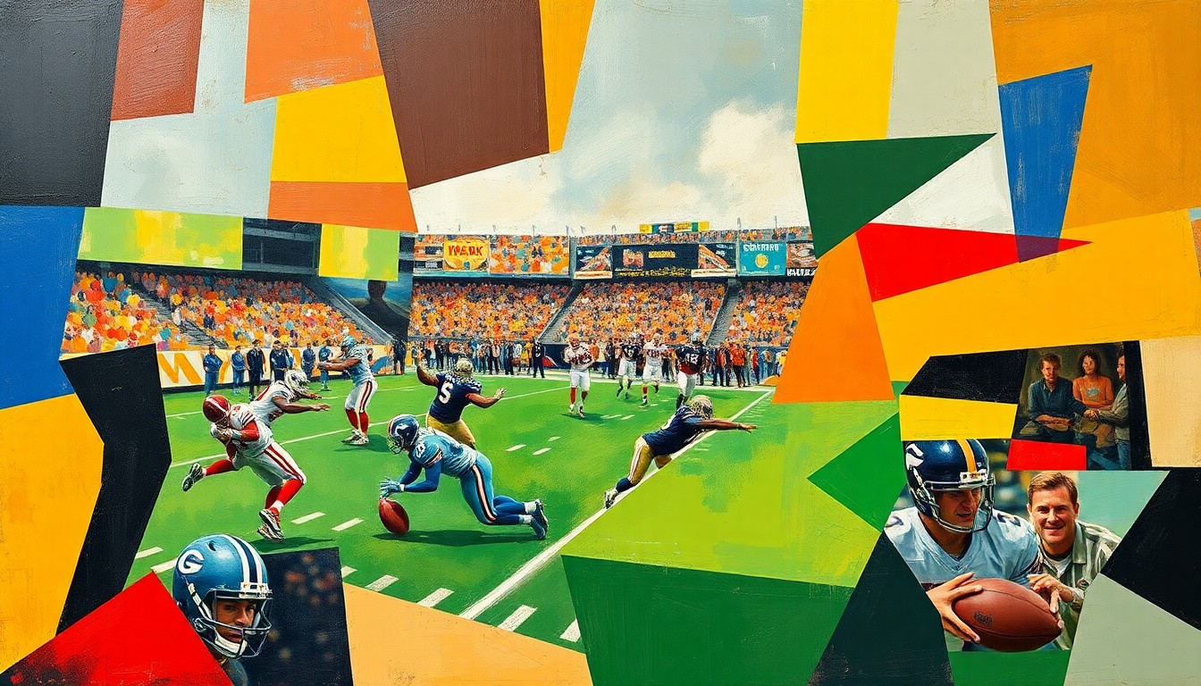 A cubist, geometric painting depicting a football practice, with players and equipment broken down into sharp, overlapping shapes and planes of color.
