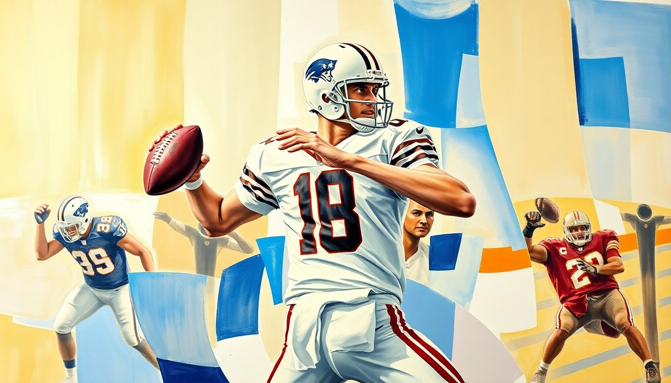A fragmented, geometric painting depicting a quarterback dropping back to pass, with sharp, overlapping planes of color and form capturing the raw athleticism of the sport.