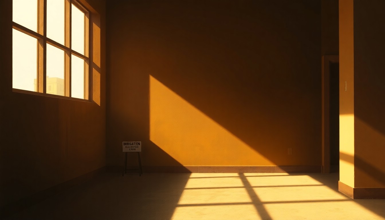 A dimly lit, cinematic painting of an empty government office or courthouse interior, with warm sunlight streaming through the windows and casting long shadows across the floor and walls, creating a sense of solemnity and unease.