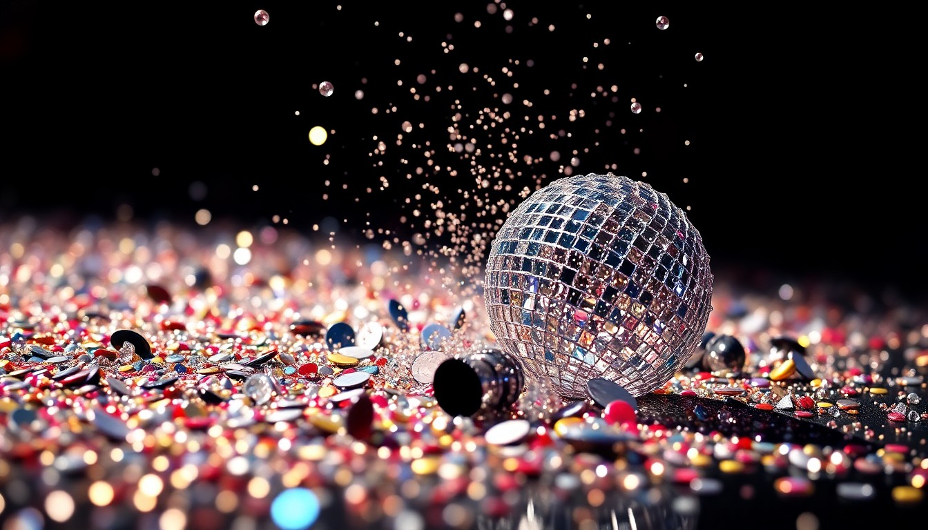 An extreme close-up photograph of sparkling sequins and shattered glass, creating a visually striking and glamorous texture that evokes the excitement and high-stakes nature of a singing competition.