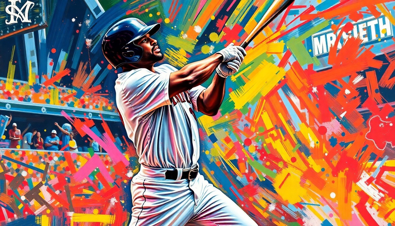 An abstract, energetic painting featuring bold, neon-colored brushstrokes that capture the explosive power and motion of a baseball player's swing, representing Will Smith's game-winning home run for the Dodgers.