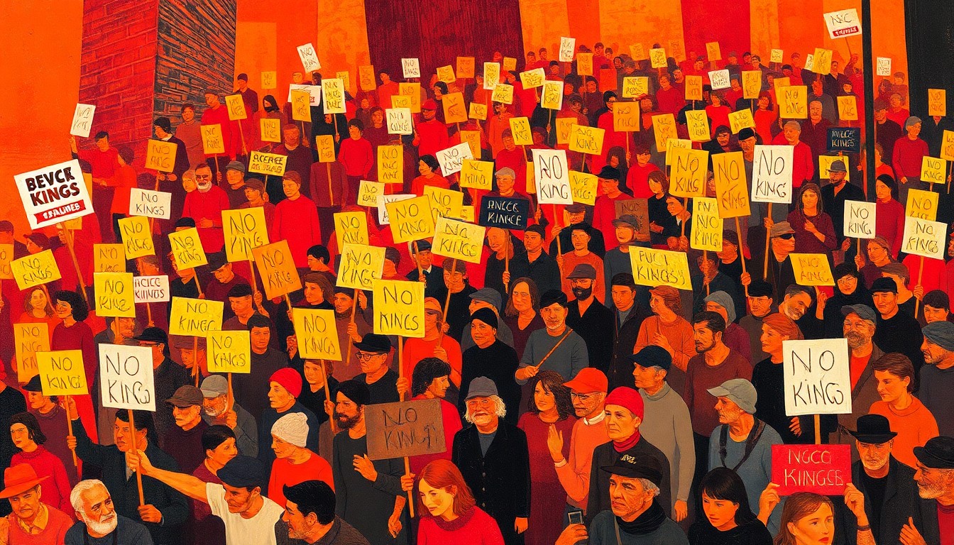 A vibrant, fractured painting depicting a large crowd of protesters marching with signs, the figures repeated in overlapping, geometric waves of color to convey the energy and passion of the 'No Kings' movement.