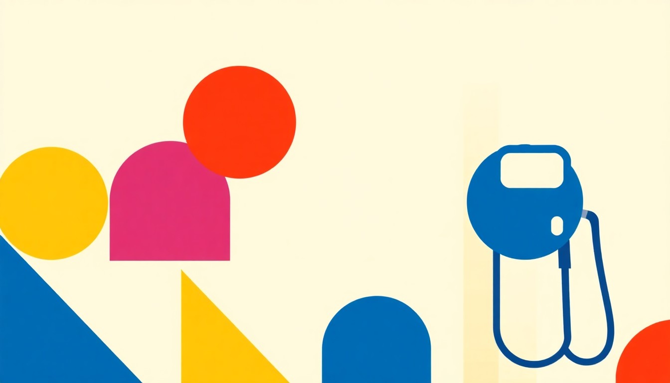 A geometric abstract illustration using bold shapes and primary colors to conceptually represent the rising cost of gasoline and the proposal to temporarily suspend the federal gas tax.