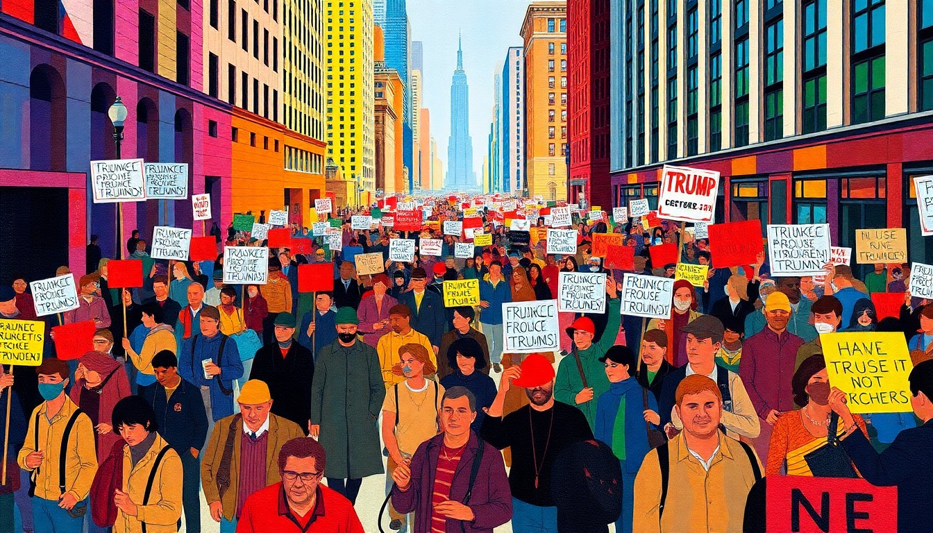 A dynamic, abstract painting depicting a large crowd of protesters marching through city streets, their figures repeated in overlapping, fractured geometric shapes in vibrant colors, conveying the energy and momentum of the nationwide 'No Kings' rallies against the Trump administration.