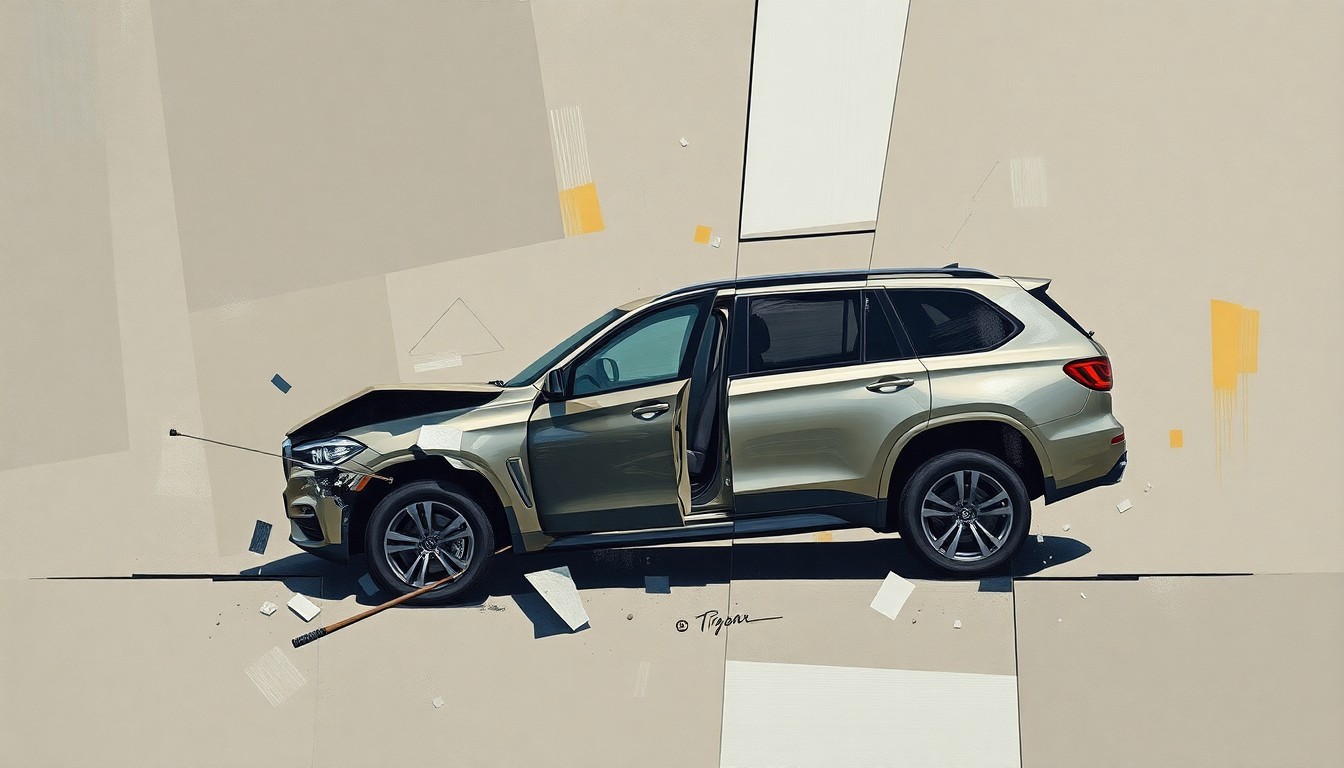 A fragmented, cubist-style painting depicting the chaotic aftermath of a car accident, with sharp geometric shapes and planes in muted earth tones representing the overturned SUV and surrounding scene, conveying a sense of disruption and personal turmoil.