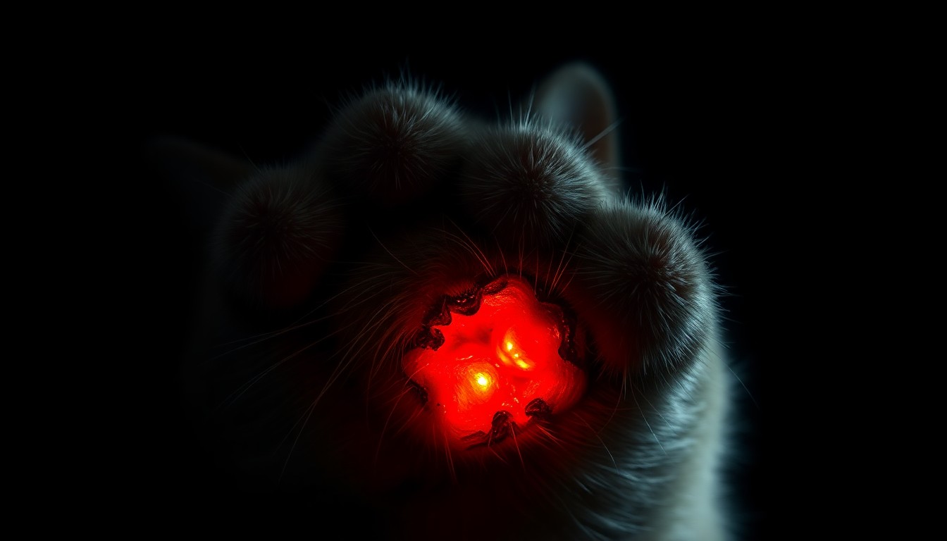 An extreme close-up photograph of a cat's paw with a bullet wound, the harsh flash lighting creating a stark, gritty, investigative aesthetic that conceptually illustrates the violence inflicted on these animals.