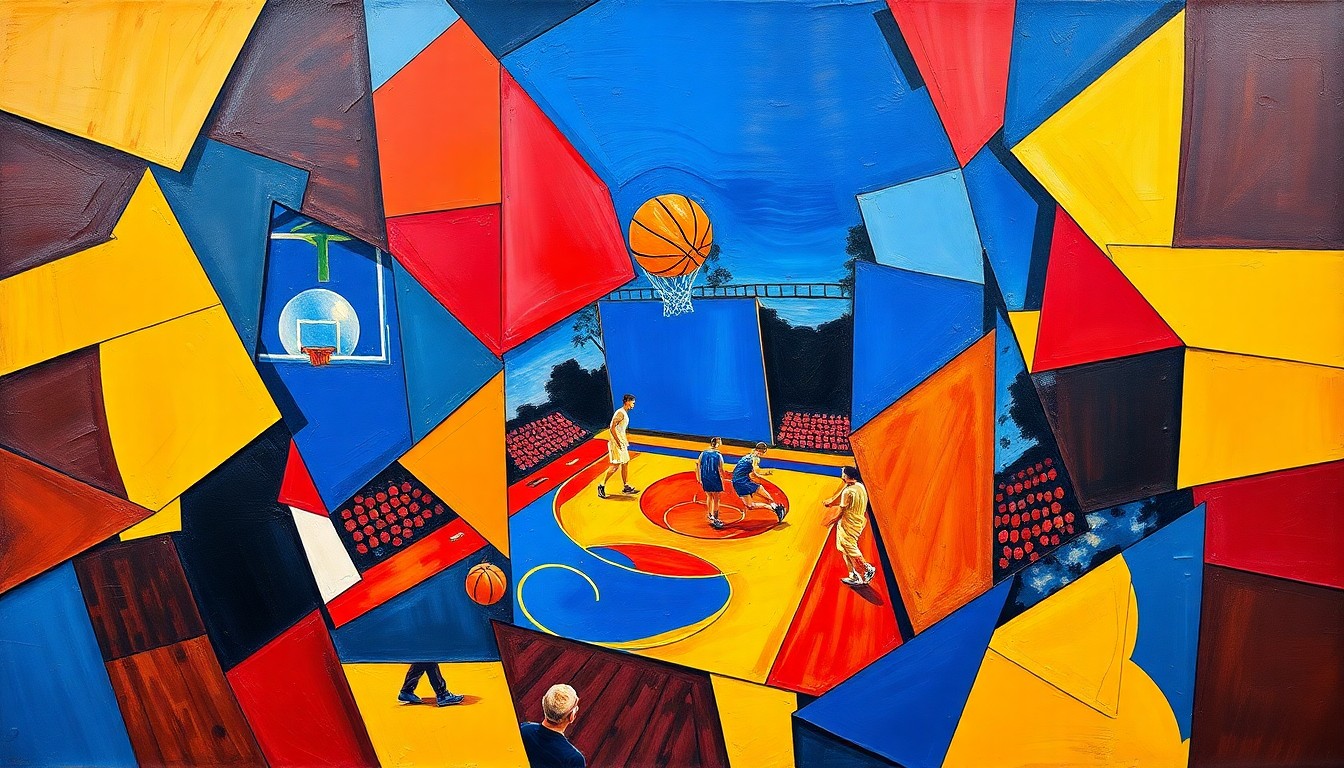 A cubist, geometric painting depicting a basketball game in motion, with sharp, overlapping planes of color representing the players, ball, and court in an abstract, fragmented style.