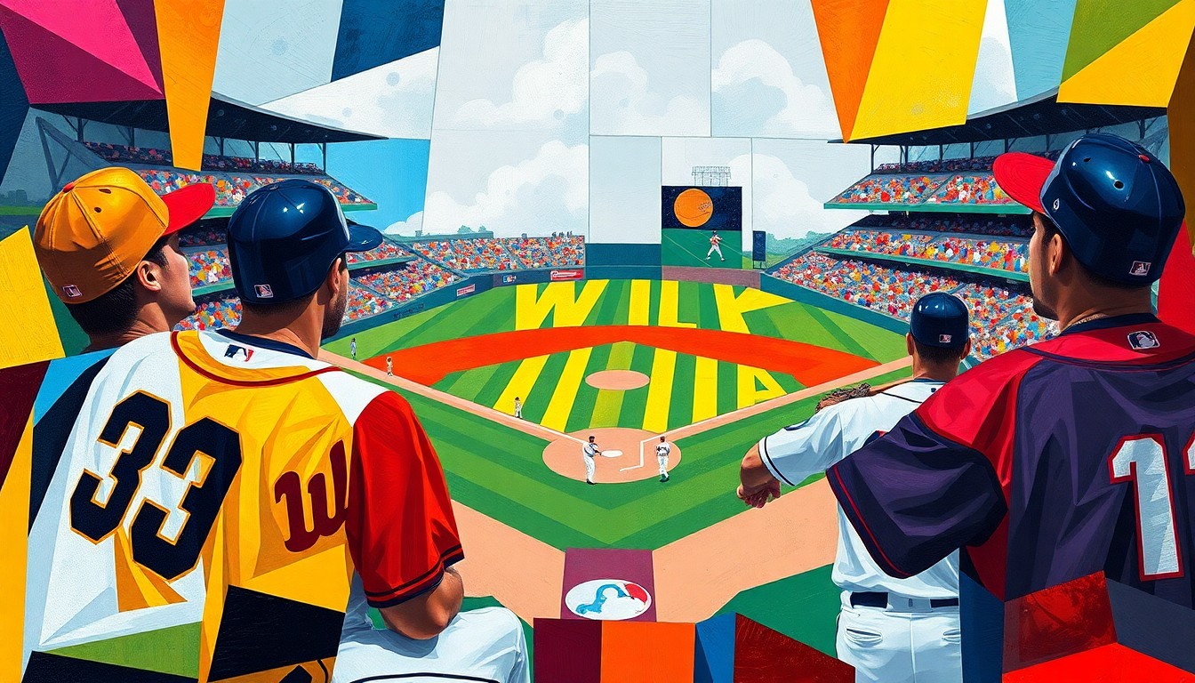 A cubist-style painting featuring overlapping geometric shapes and planes in the team colors, abstracting the players and action of a baseball game into a dynamic, fragmented composition.