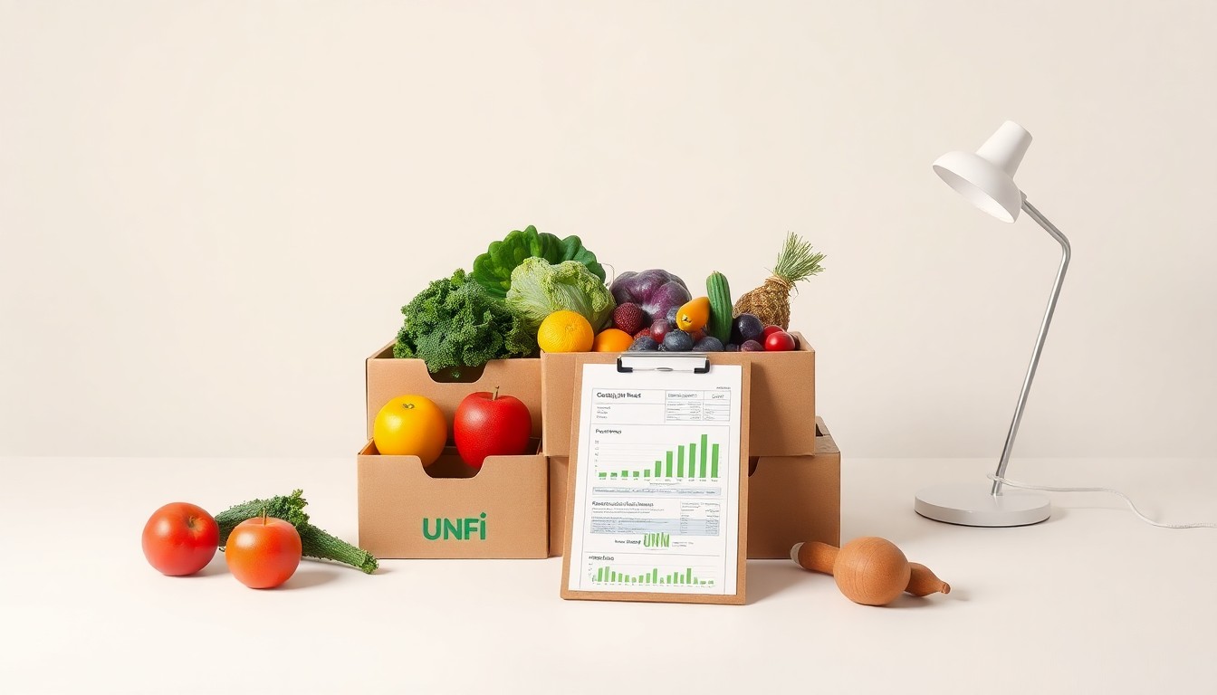 A photorealistic studio still life featuring a stack of organic produce boxes, a clipboard with financial data, and a modern desk lamp on a clean, monochromatic background, symbolizing UNFI's focus on the health and wellness segment, operational efficiency, and its role as a leading food distributor.