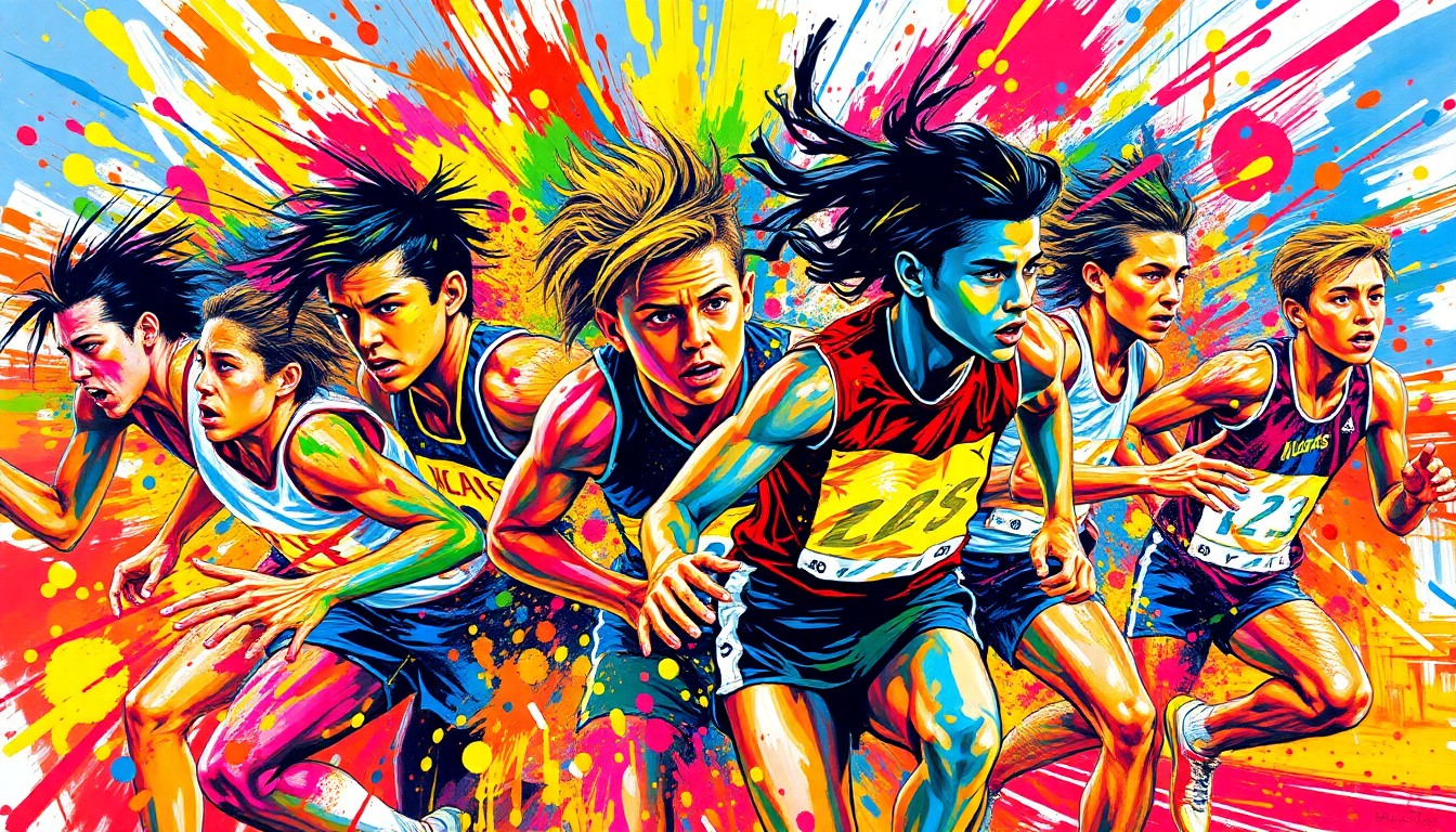An abstract, expressionist painting in vibrant neon colors, with rapid brushstrokes capturing the dynamic motion and power of high school track and field athletes in competition.