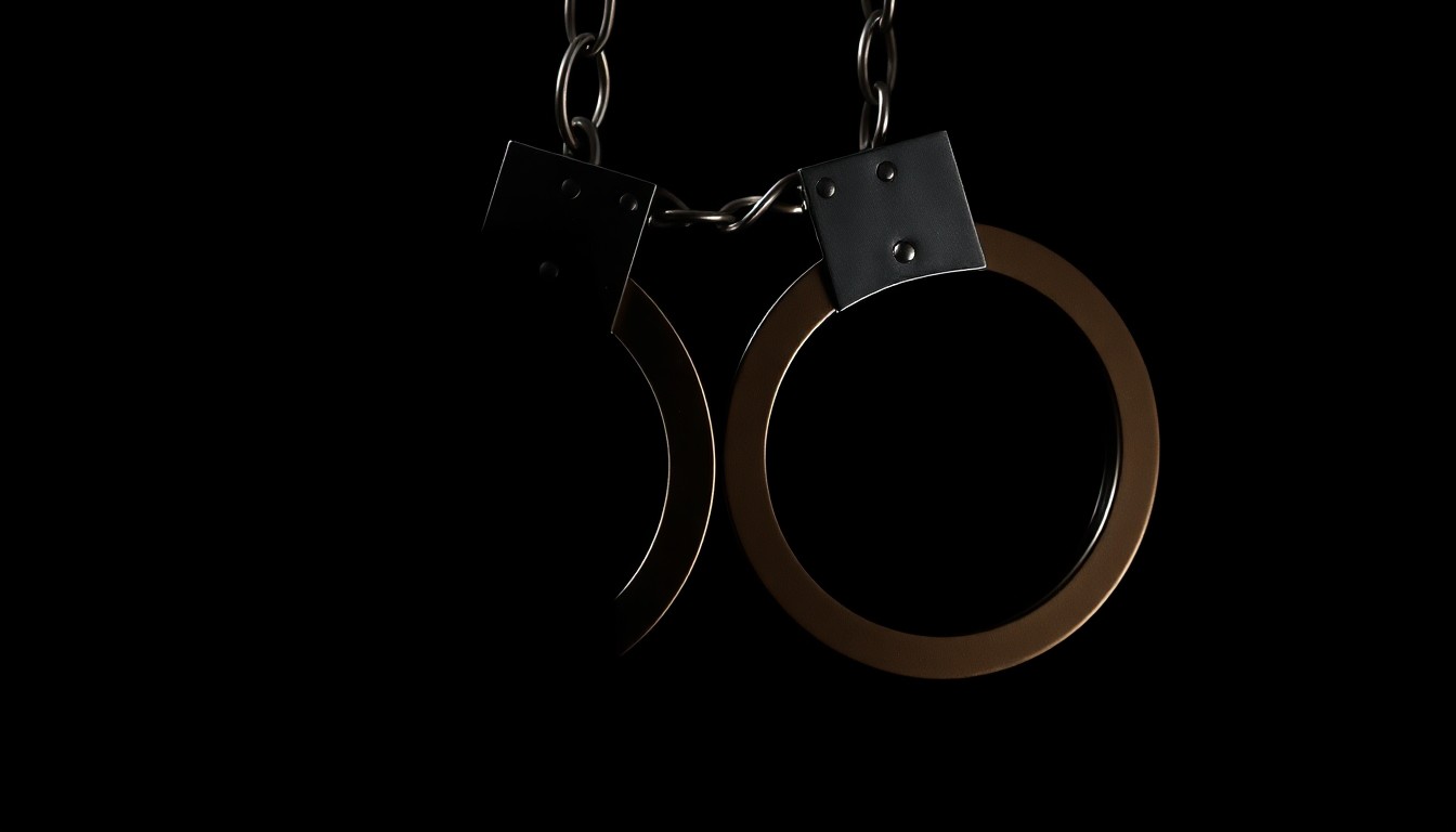 An extreme close-up photograph of a pair of handcuffs against a stark, black background, capturing the gritty, investigative nature of the crime at the center of this case.