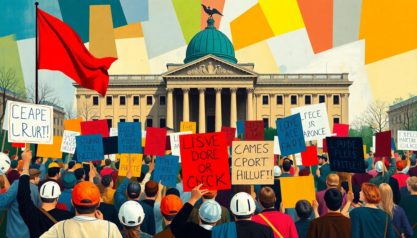 A dynamic, abstract painting composed of overlapping geometric shapes and brushstrokes in a variety of bright, contrasting colors, conveying the passionate energy of a political protest.