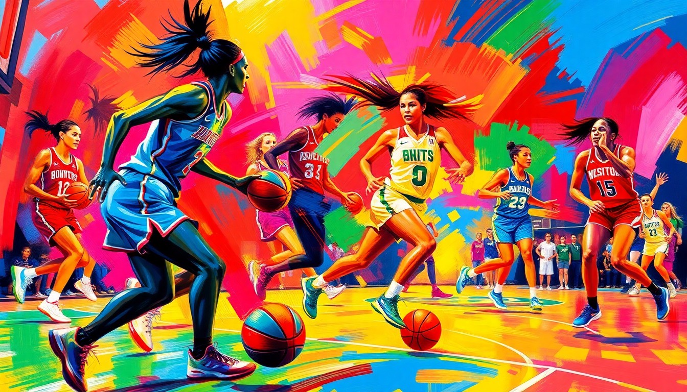 An abstract, expressionist painting in vibrant neon colors, capturing the energy and intensity of a women's basketball game with dynamic, dissolving player forms and a frenetic, high-energy composition.