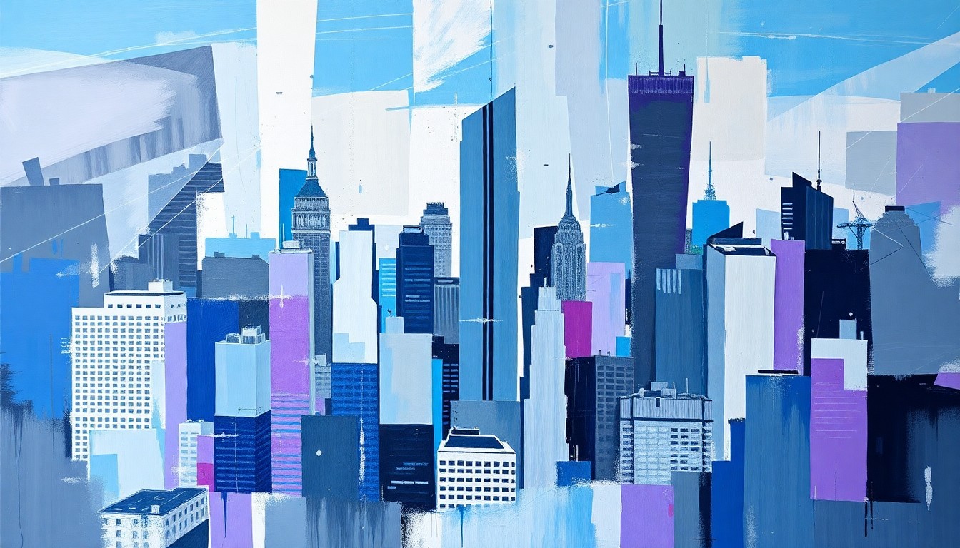 An abstract, expressionistic painting featuring overlapping, fragmented geometric shapes and lines in shades of blue, gray, and purple, conceptually representing the dynamic political landscape of New York City's congressional races.