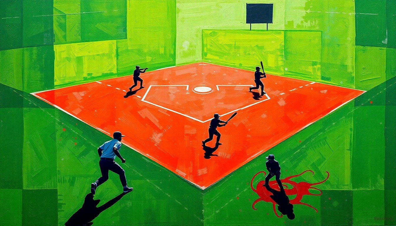 A cubist, geometric painting depicting the motion and energy of a softball game, with overlapping planes of green, red, and silhouetted players.