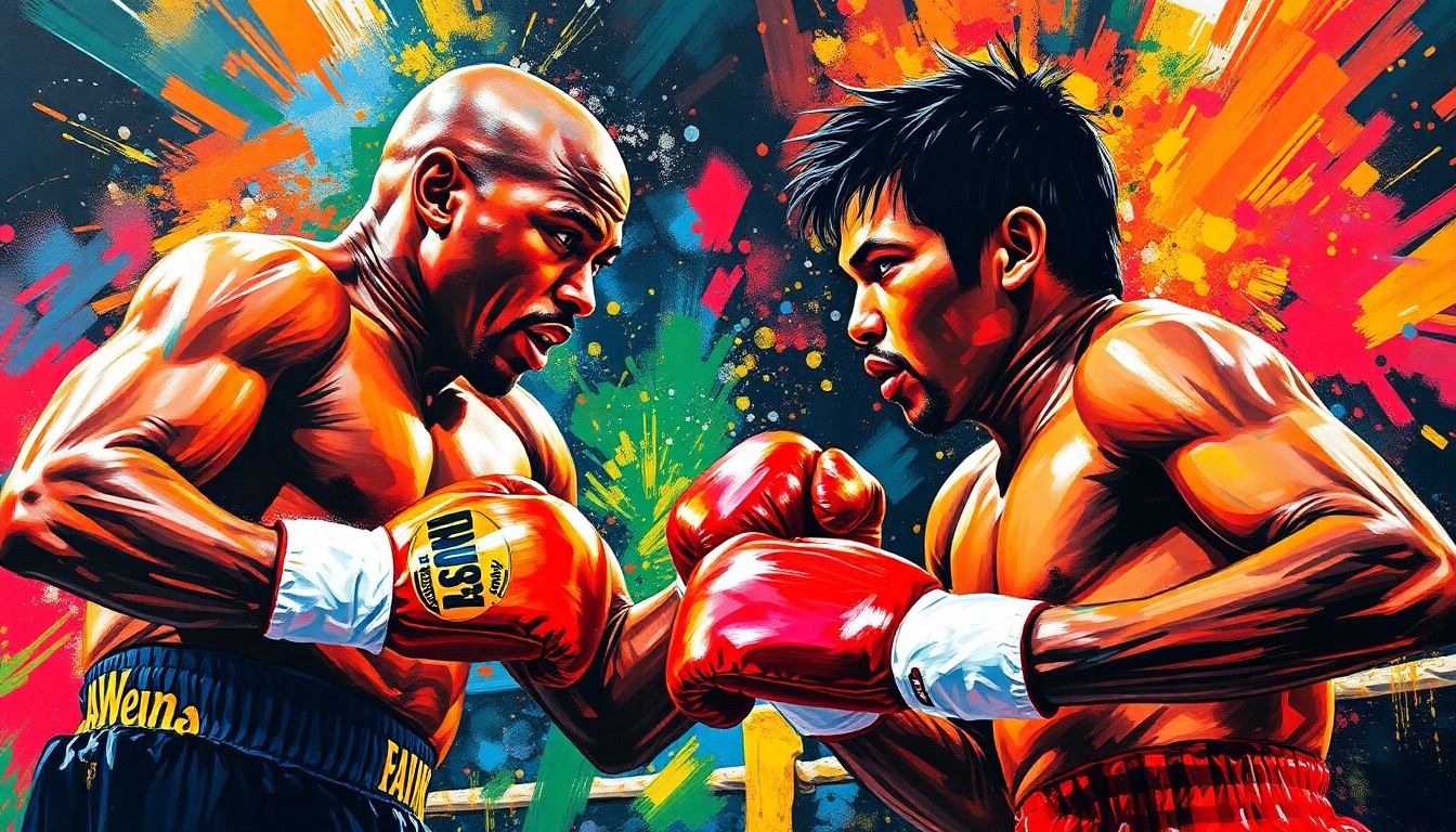 A dynamic, colorful painting featuring abstracted, energetic brushstrokes that capture the intensity and movement of a boxing match, representing the upcoming exhibition between Mayweather and Pacquiao.