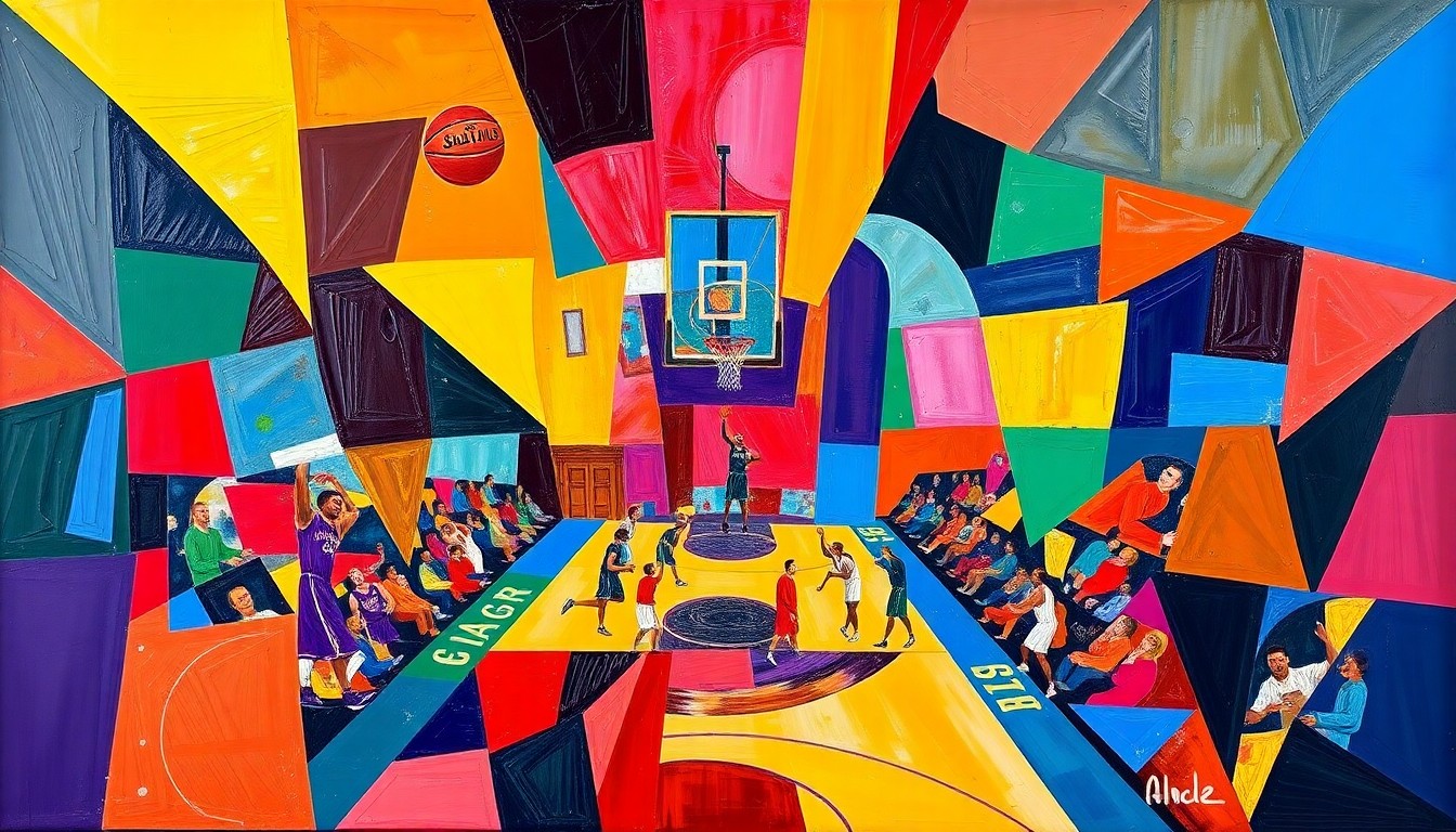 A cubist-style painting featuring fragmented, overlapping geometric shapes in the team colors of the Philadelphia 76ers and Charlotte Hornets, capturing the dynamic action and energy of a basketball game.