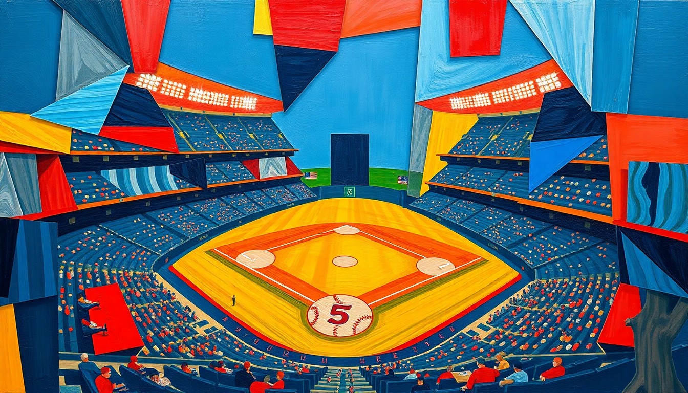 A cubist-style painting depicting a baseball game broken down into sharp, geometric shapes and planes of navy, red, and yellow, conveying the energy and intensity of the high-scoring matchup between the two teams.