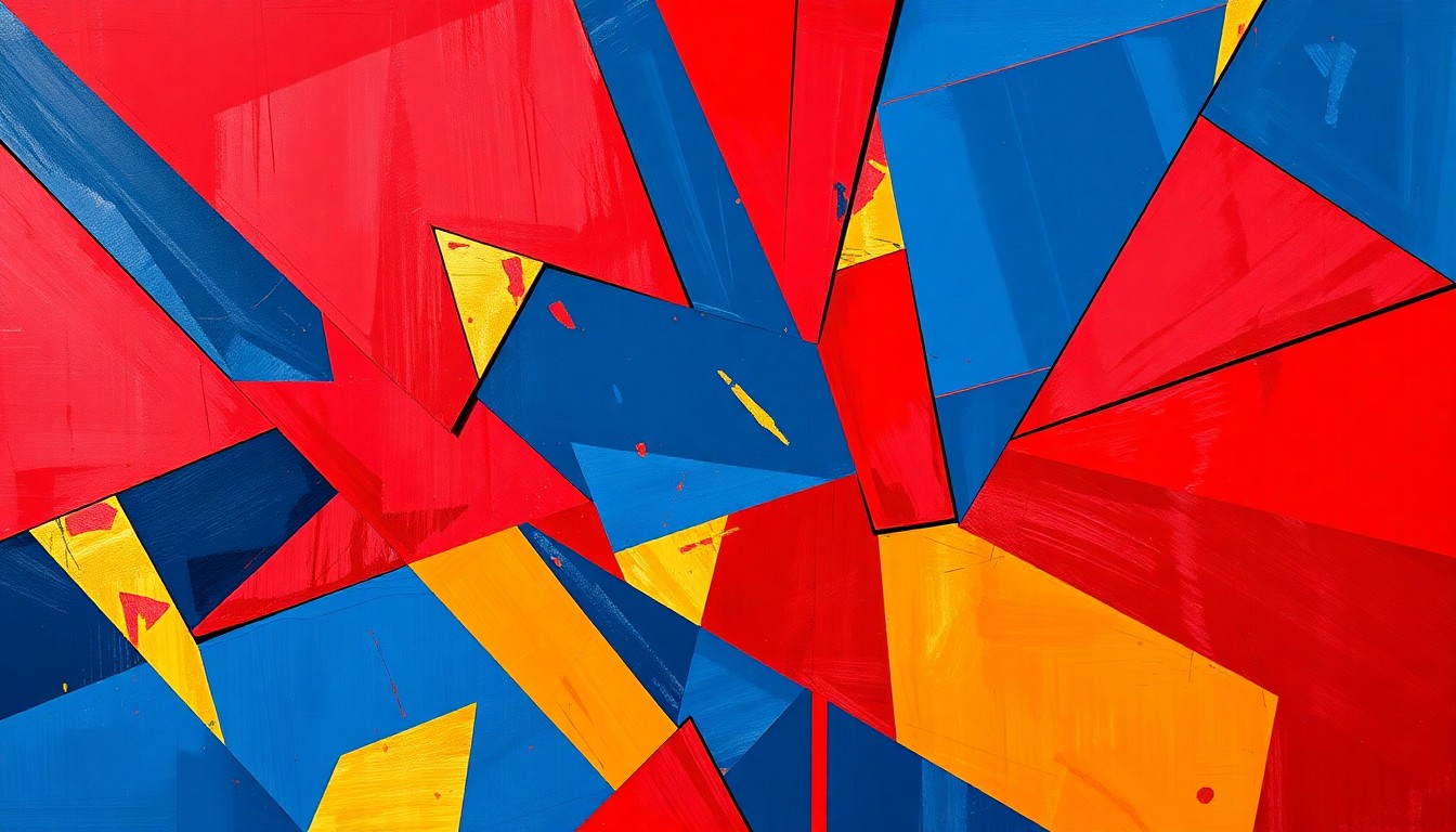 A cubist, geometric painting in shades of red, blue, and gold, capturing the energy and movement of a basketball game through fragmented, overlapping shapes and planes.