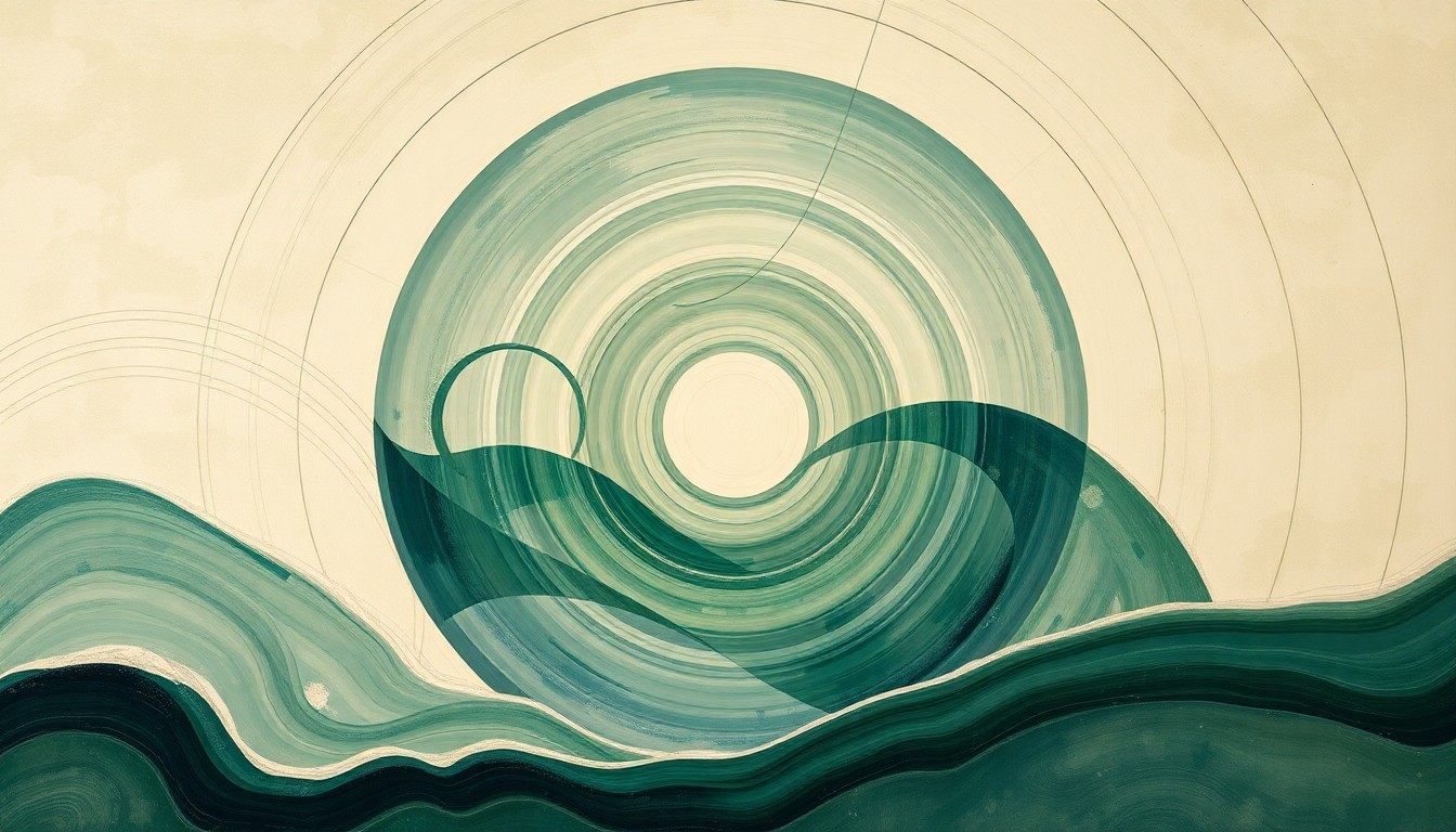 A highly structured abstract painting featuring sweeping geometric arcs, concentric circles, and precise botanical spirals in earthy tones of green, blue, and gray, conceptually representing the complex scientific forces and natural phenomena that influence Miami's climate and environment.