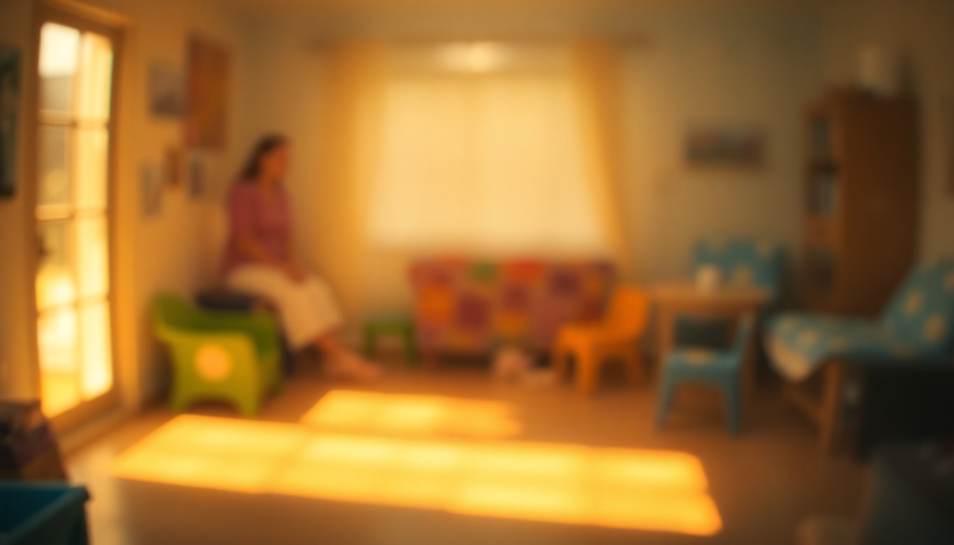 An abstract, dreamlike image of soft, blurred shapes and pools of warm light, evoking the cozy, nurturing atmosphere of a home daycare.