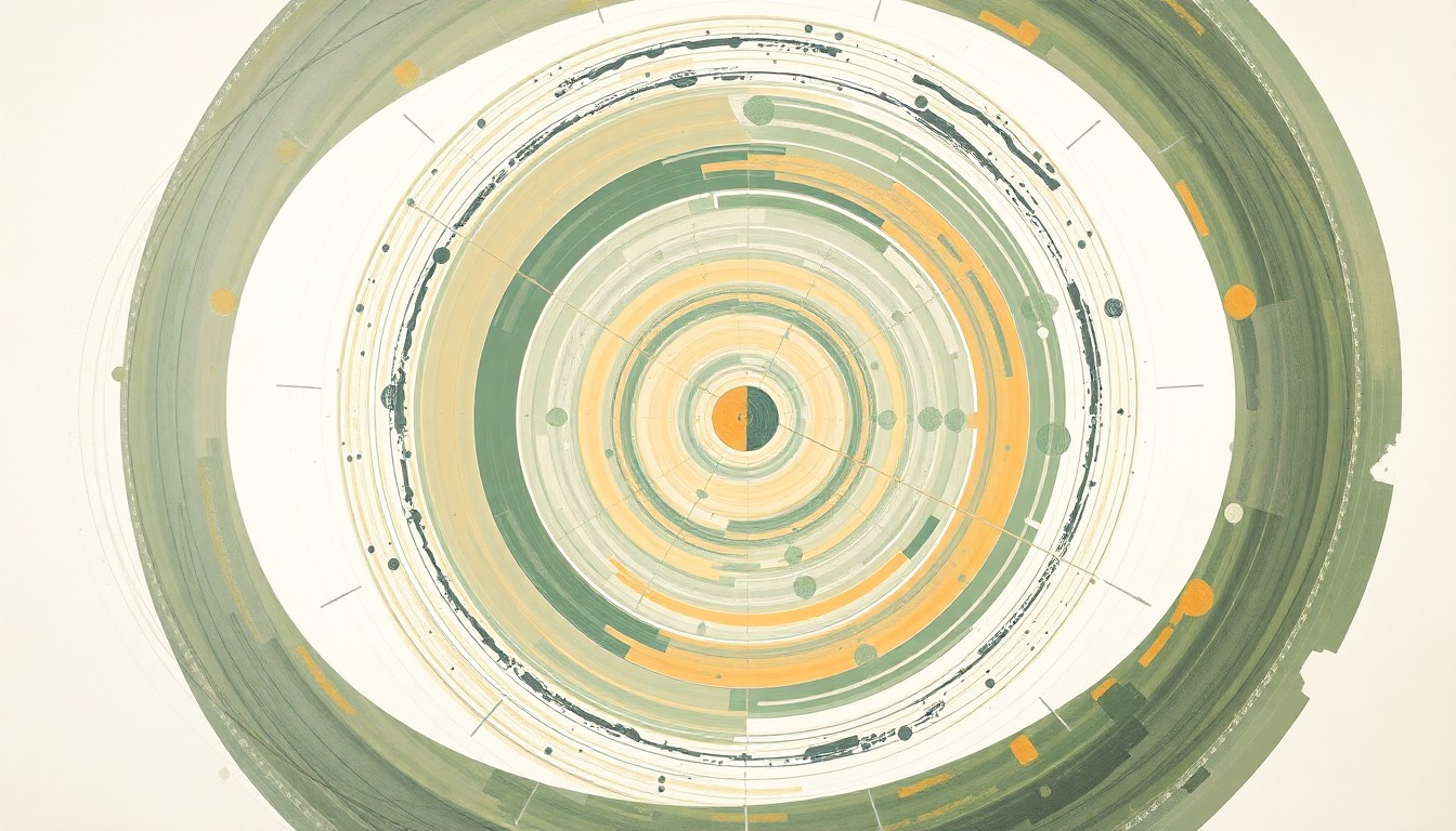 A highly structured abstract painting in muted tones of green, blue, and orange, featuring sweeping geometric arcs, concentric circles, and precise spirals, conceptually representing the complex systems and forces involved in the Artemis II moon mission.