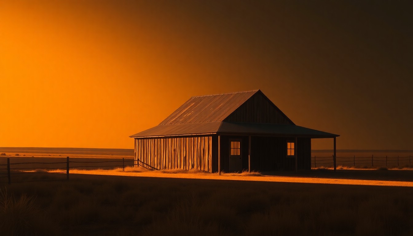 A serene, photorealistic painting of a weathered wooden barn or ranch house set against a backdrop of rolling hills, bathed in warm, golden sunlight and deep shadows, conveying a sense of quiet contemplation and nostalgia for Wyoming's rural heritage.