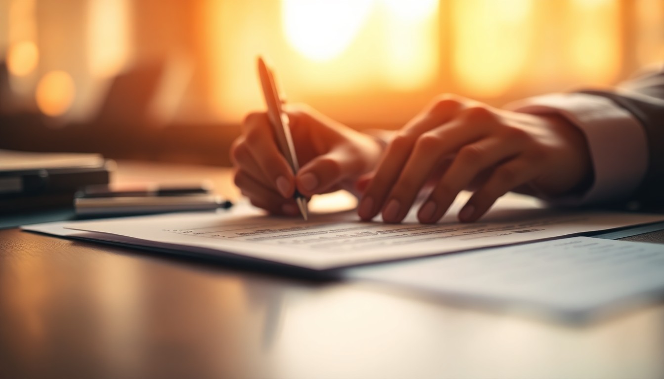 An abstract, out-of-focus photograph of a person's hands signing a document, with warm, blurred colors and light creating a soft, dreamlike atmosphere that conceptually represents the convenience and flexibility of mobile notary services.