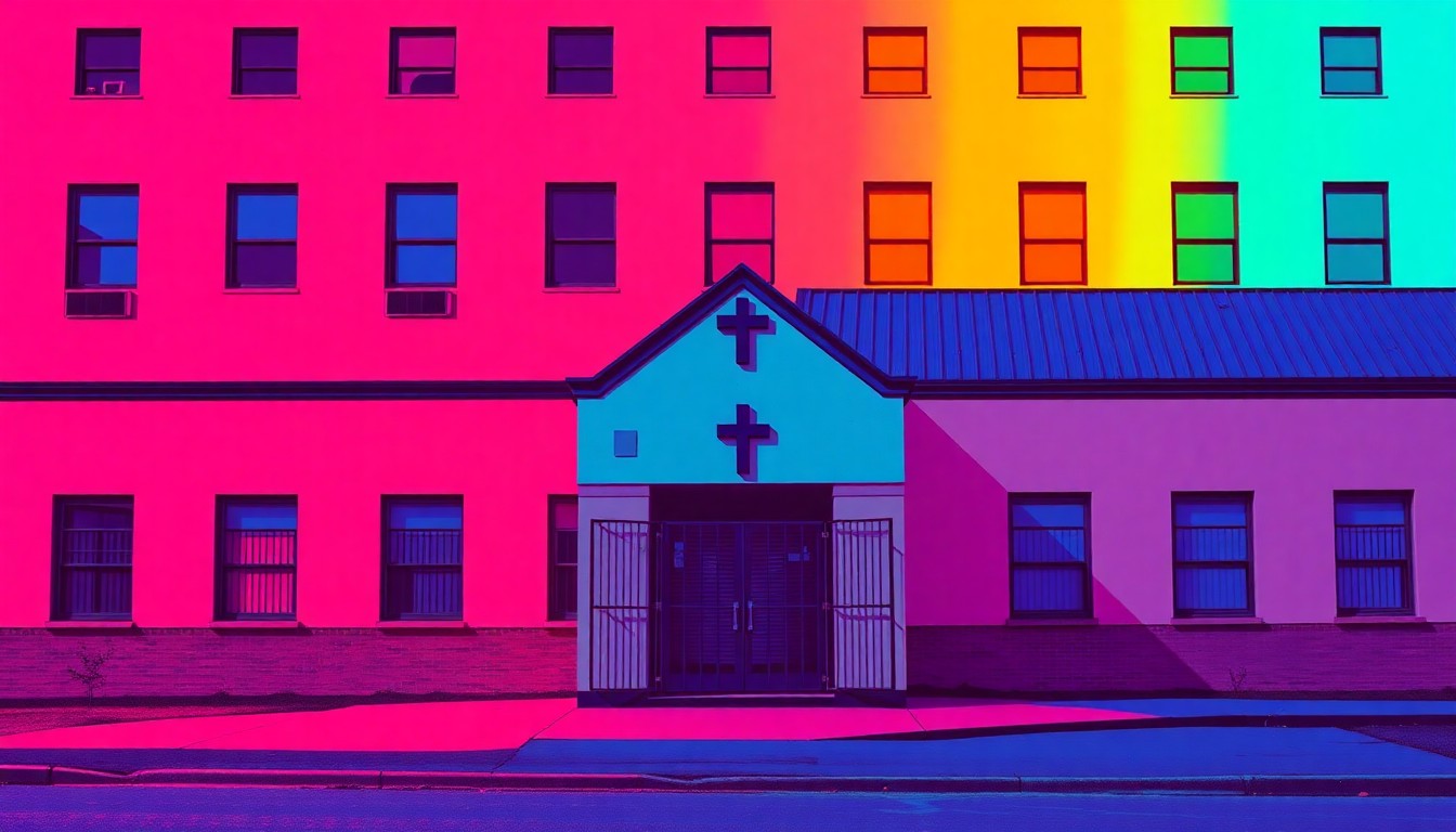 A vibrant, high-contrast silkscreen print depicting a closed school building with a cross on the facade, repeated in a grid pattern using bold, neon-like colors and heavy black outlines, conceptually representing the permanent shutdown of a private Christian school.