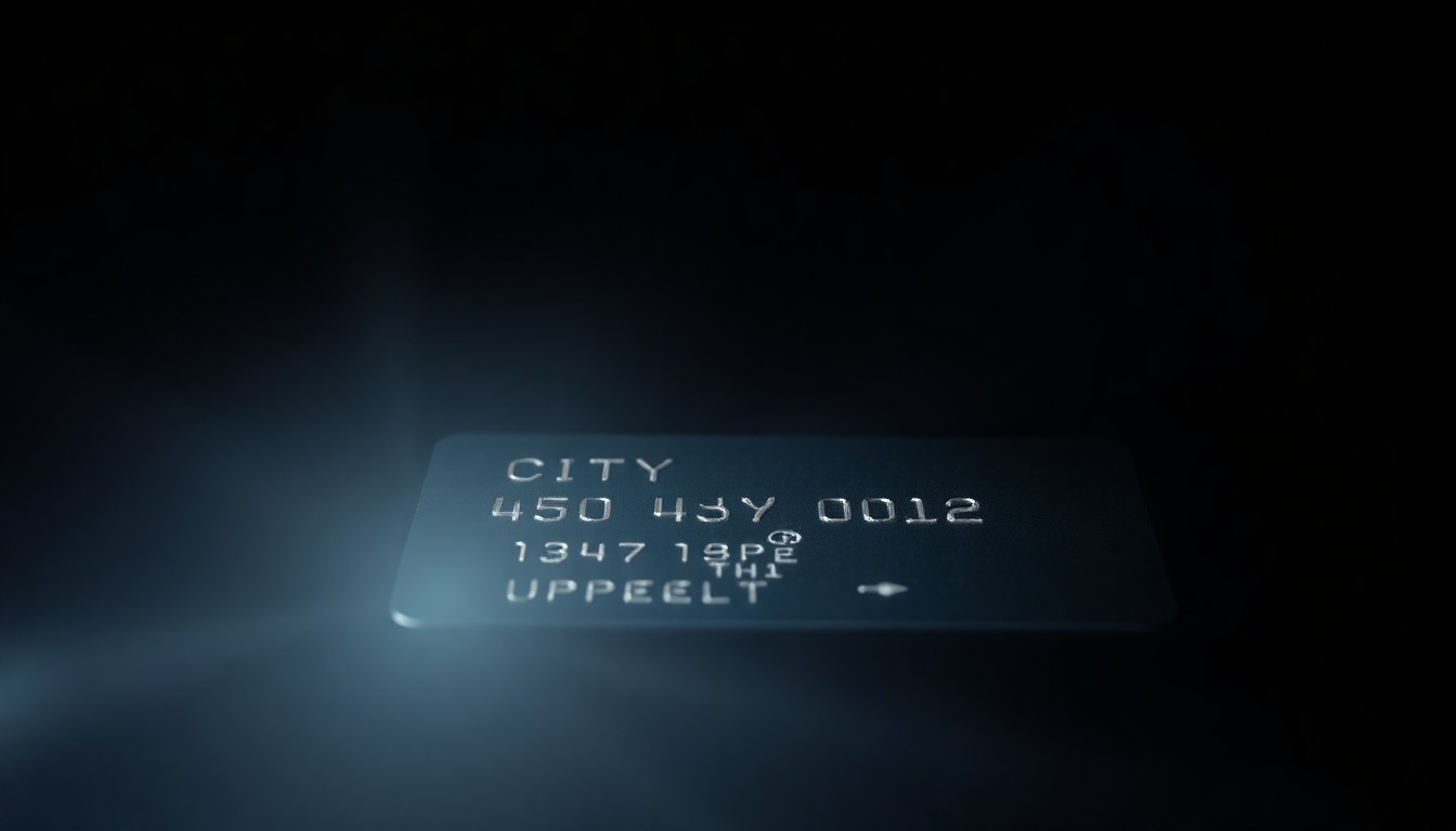 An extreme close-up photograph of a city-issued credit card against a pitch-black background, capturing the texture and details of the plastic and metal in a stark, gritty, investigative aesthetic.