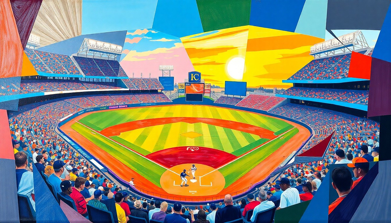 A cubist, geometric painting in shades of royal blue and powder blue, depicting a baseball game broken down into overlapping, angular shapes and planes.