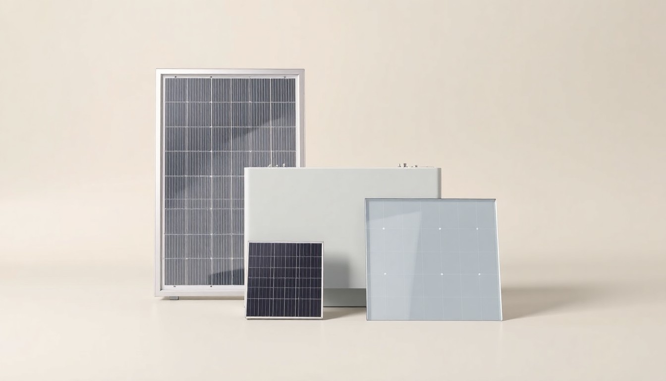 A photorealistic studio still life featuring a polished metal solar panel frame, a sleek battery storage unit, and a smooth glass solar cell, all arranged elegantly on a clean, monochromatic background to symbolize Spruce Power's renewable energy expertise.