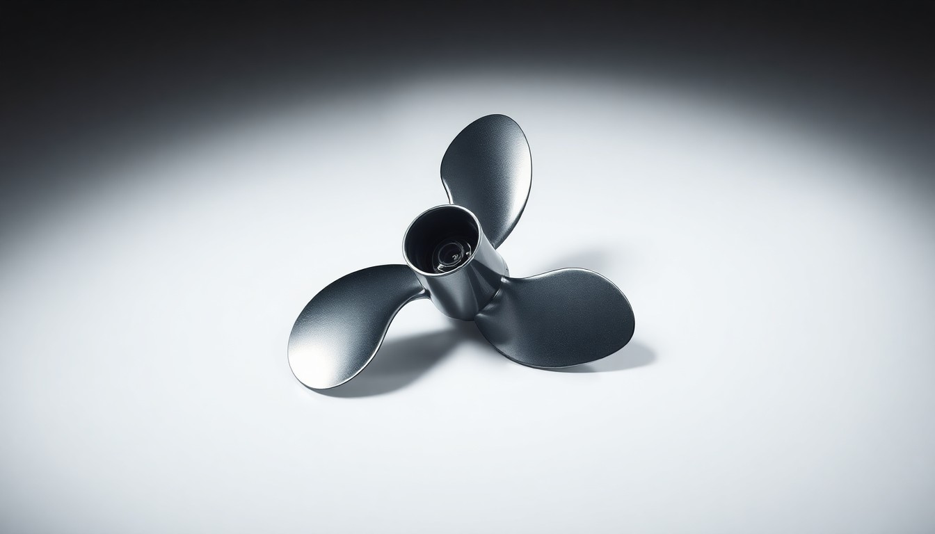 A highly reflective, chrome-plated boat propeller resting on a plain white background, conveying the precision and engineering behind Off The Hook Ys' pre-owned boat business.