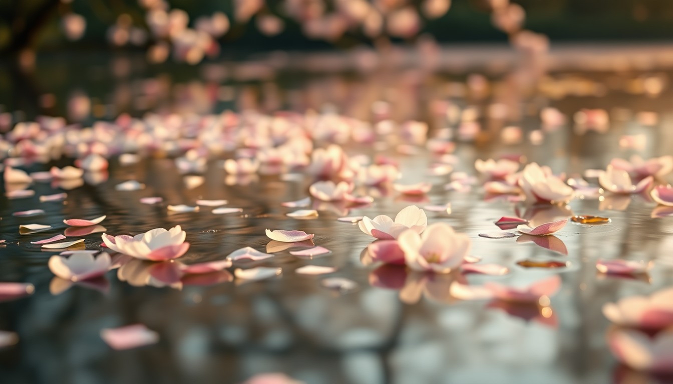 An abstract, impressionistic photograph of cherry blossom petals floating on a pond, with soft, warm light and muted colors creating a serene, celebratory mood.
