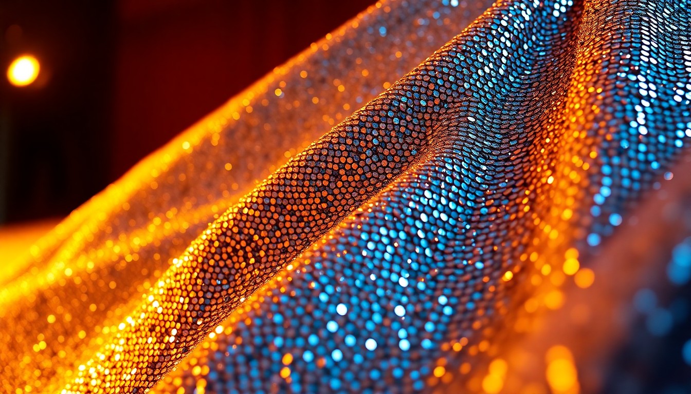 An abstract close-up image of a shimmering, sequined fabric captured in dramatic, high-contrast studio lighting, conveying the glamour and energy of Hollywood fashion.