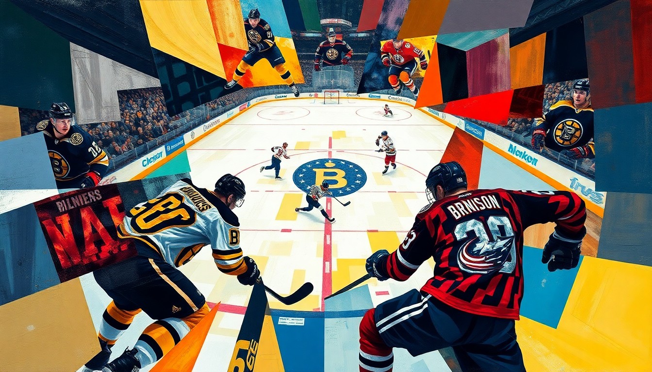 A fractured, geometric painting in bold blues, yellows, and reds, depicting the chaotic final moments of a hockey game with overlapping, angular shapes representing the players and action on the ice.